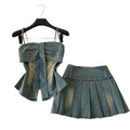 Western cowboy style bandeau cami top & pleated skirt two-piece set - women's new summer slimming & age-defying outfit
