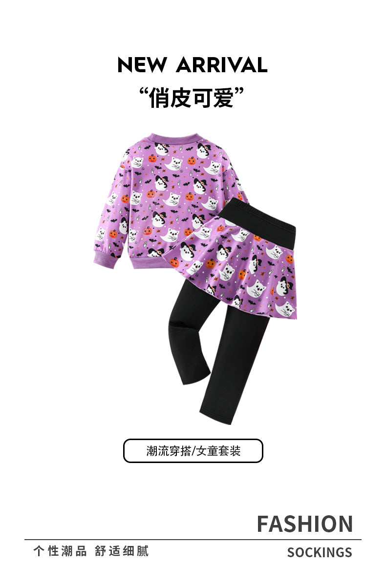 halloween girls' sweatshirt & pleated skirt pants set - purple pumpkin & little ghost design - kids' holiday two-piece outfit