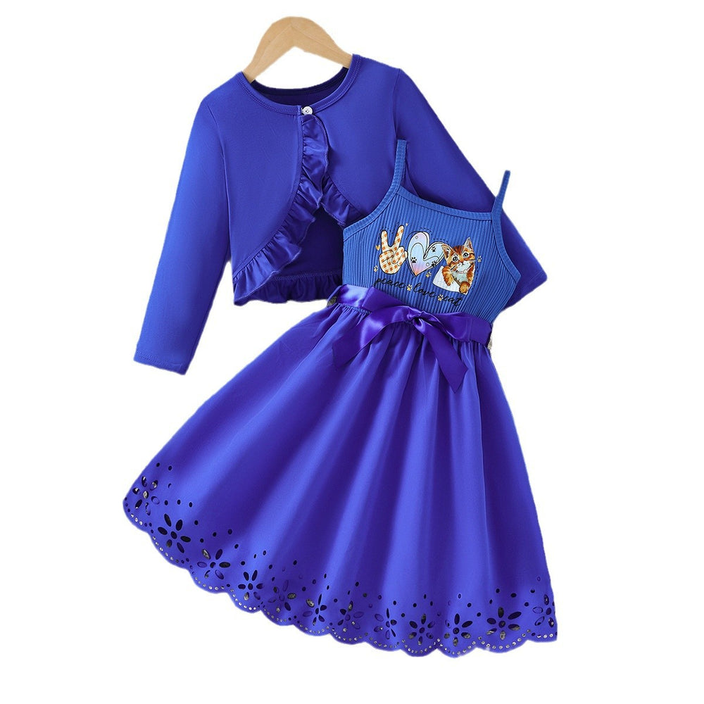 Girls' dress set: blue long-sleeve knit cardigan with ruffle trim and animal print sundress - two-piece outfit