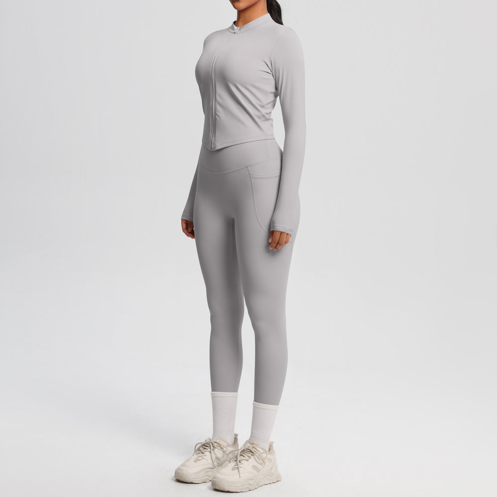 nude double-sided brushed tight long sleeves yoga suit outdoor running slimming look fitness pants sports suit women