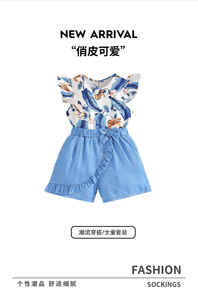 Summer girls' two-piece set: ruffle flutter sleeve printed tank top with cute lace-trimmed blue shorts - sleeveless outfit for kids