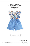 Summer girls' two-piece set: ruffle flutter sleeve printed tank top with cute lace-trimmed blue shorts - sleeveless outfit for kids