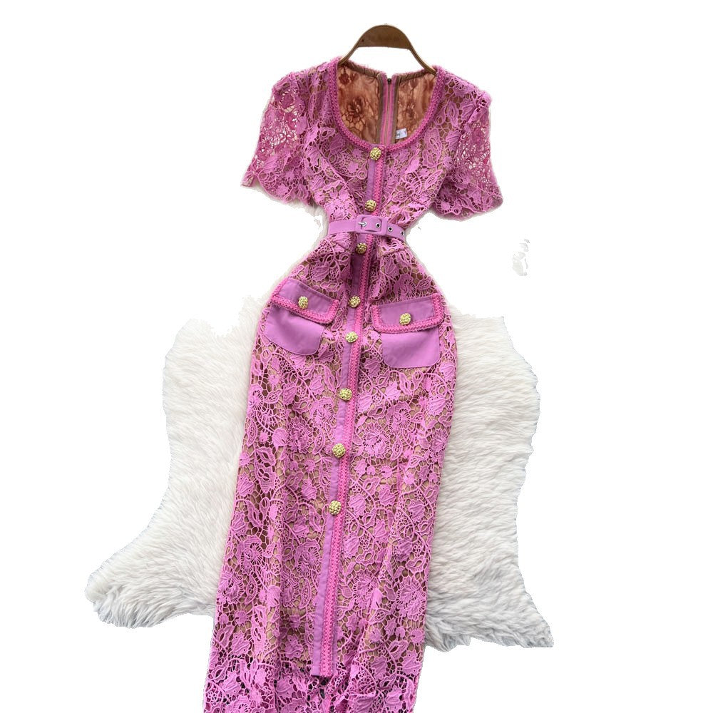 Classy sense of cut air square collar quality lacedress women's summer metal buckle waist silmslimming look a-line skirt