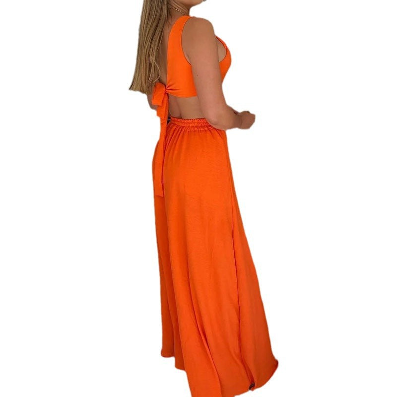 summer european and american style elegant fashion one-shoulder sleeveless solid color tie-waist slit maxi dress