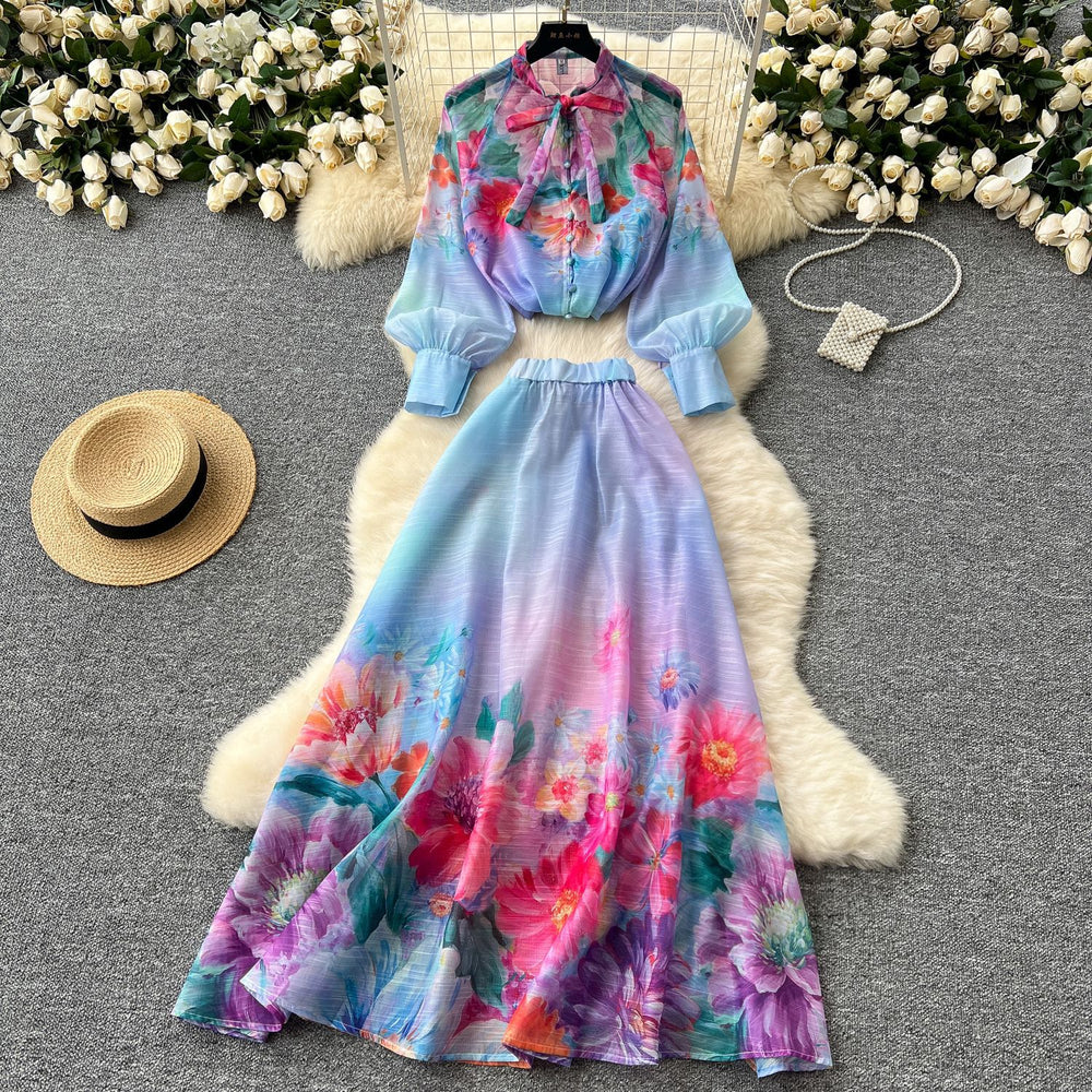 Fashionable and western style, light and mature style, bowstie back, lantern sleeves, printingshirt, women's high waist, large swing skirt, two-piece set