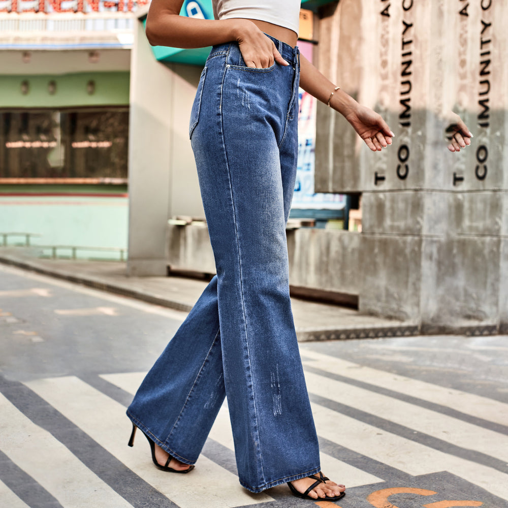 cross-border foreign trade independent station  new arrivaleasiest for match mid-waist washed micro-flared denim pants casual pants for women