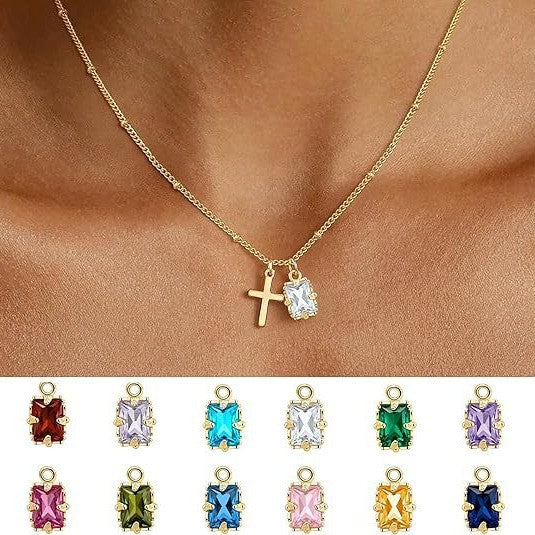 New arrival amazon geometry 12 birthstone square pendant cross inlaid rhinestone necklace lady necklace