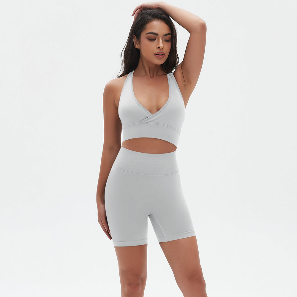 seamless knitting high-elastic tight sexy yoga suit cross-shaped back running fitness two-piece set