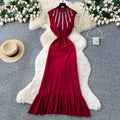 Luxury sleeveless halter neck diamond-embellished knit dress - women's summer high-waisted fitted mermaid dress - commute-friendly designer maxi dress