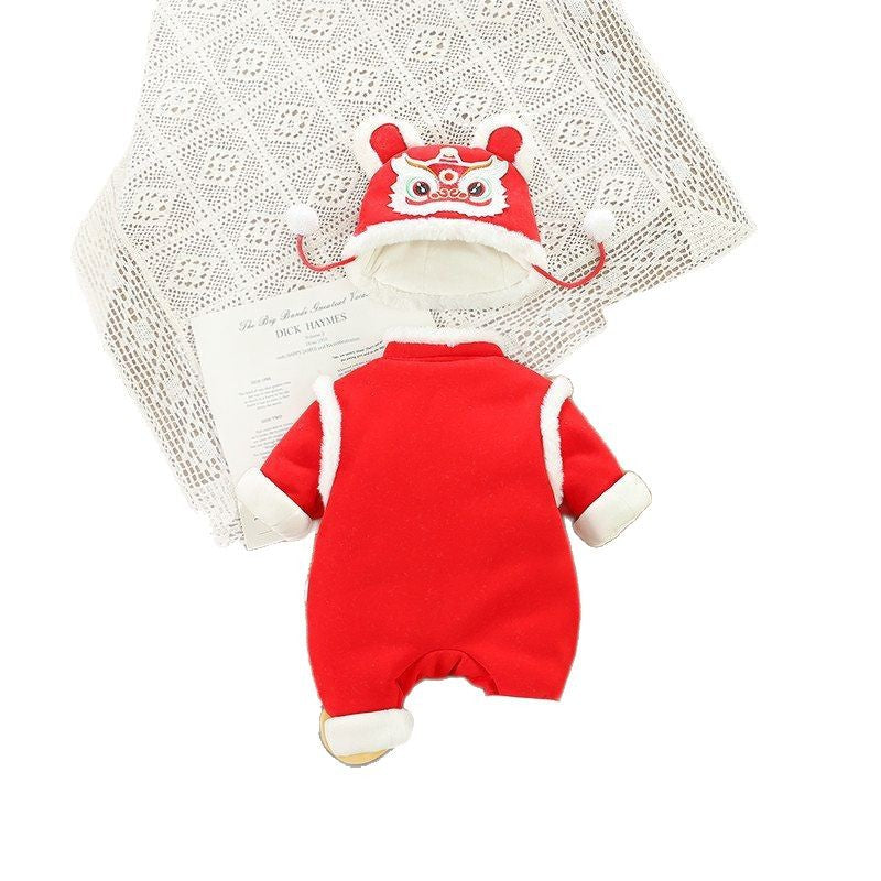 Baby new year's quilted thickened romper winter jumpsuit newborn chinese style full month celebration outfit