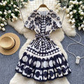 European and american style high-end printed bubble sleeve dress - women's summer tie-waist design, elegant petite midi dress