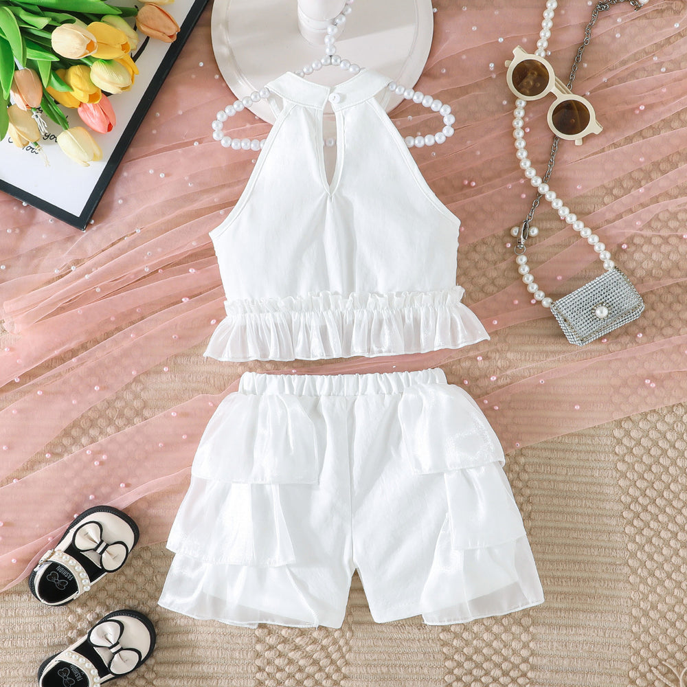 new girls' halter neck off-shoulder tiered skirt pants sweet princess set