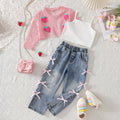 spring/summer new european and american style girls' hollow-out cardigan, solid color camisole + bowknot denim jeans three-piece set