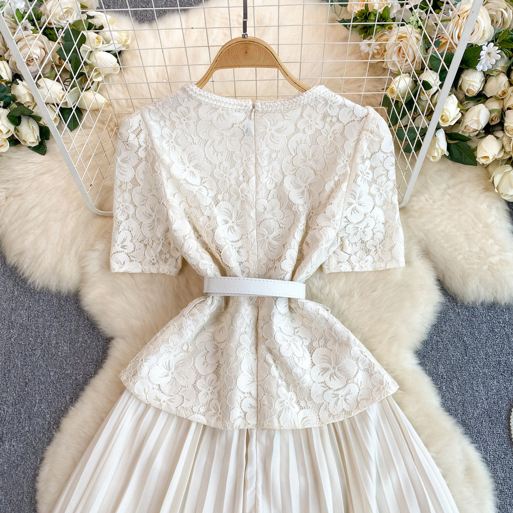 French chic dress - women's high-end, exquisite, and elegant square neck lace-trimmed pleated maxi dress - socialite evening gown