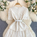 French chic dress - women's high-end, exquisite, and elegant square neck lace-trimmed pleated maxi dress - socialite evening gown