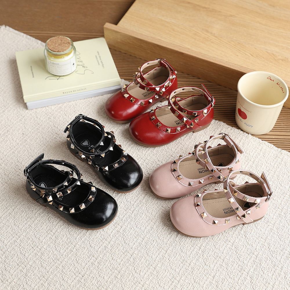 Vancahao girl's rivet fashion small leather shoes  spring & fall new arrivalk-stylekids bright leather princess shoes performance shoes