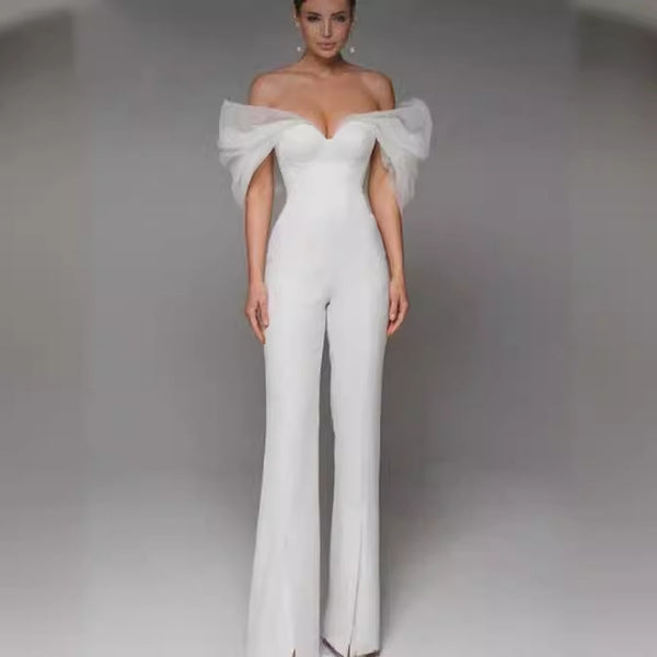 2025  women's new popular white organza one-word shoulder bandage jumpsuit women's high-end summer