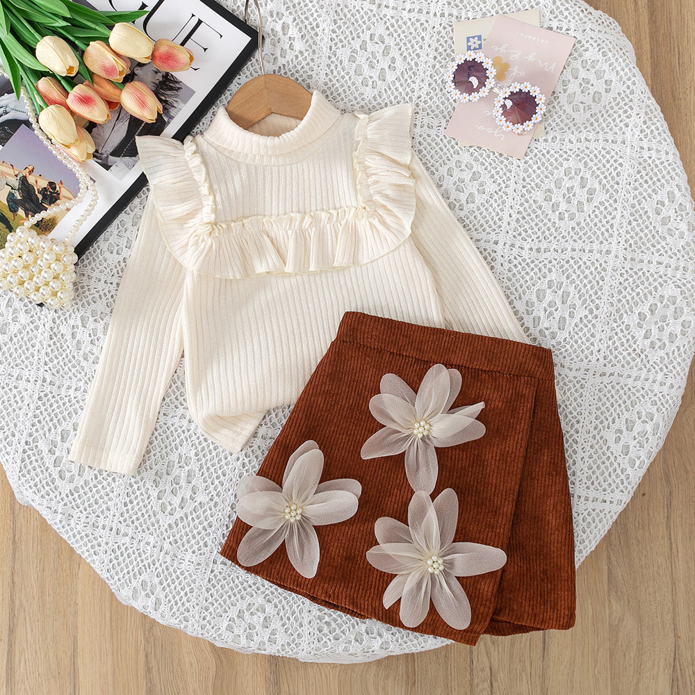 autumn new arrival: cross-border e-commerce sweet ruffle top & 3d floral shorts two-piece set for girls