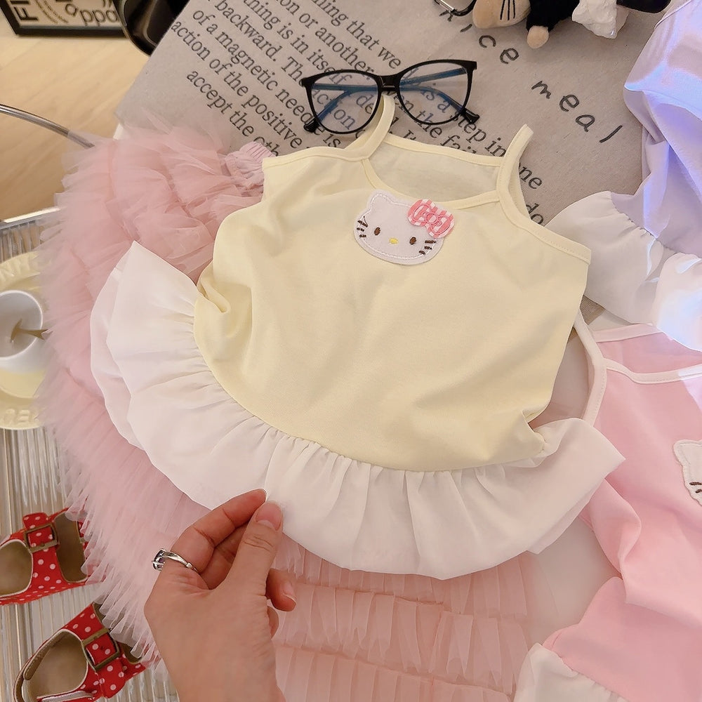 Girls' camisole dress -  new summer collection - sleeveless princess style with lace trim, cute cartoon design, and stylish camisole dress
