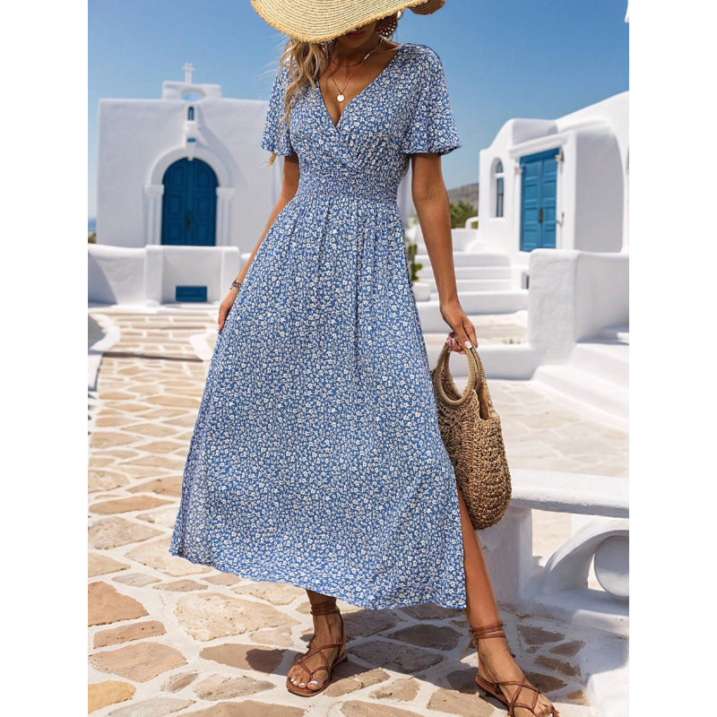 cross-border european and american floral print dress - butterfly sleeve, slit thigh maxi dress