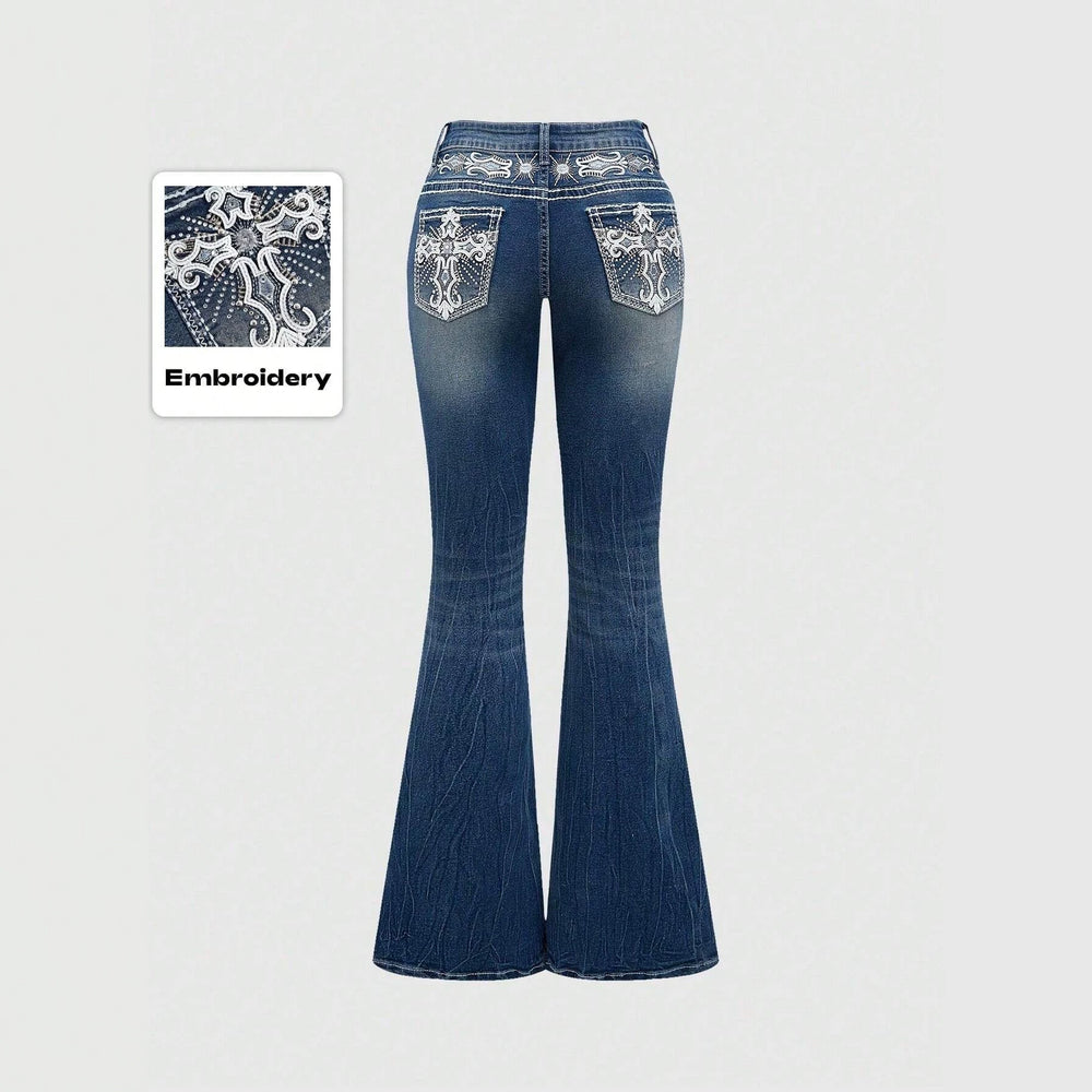 European and american western style heavy embroidery rhinestone flare jeans - women's high waist vintage washed slim fit bootcut