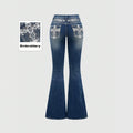European and american western style heavy embroidery rhinestone flare jeans - women's high waist vintage washed slim fit bootcut