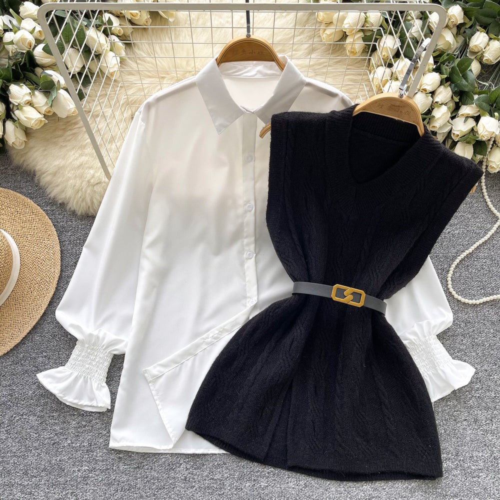 Korean style age-defying layered two-piece set: chic and versatile sleeveless slit knit vest with a stylish white long-sleeve shirt