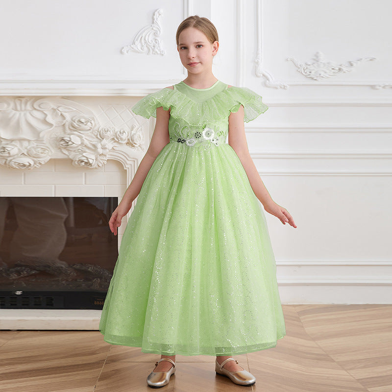 Custom-made tulle dress for girls, european and american style, off-the-shoulder princess dress, elegant long dress for children's birthdays, high-end dress for little girls