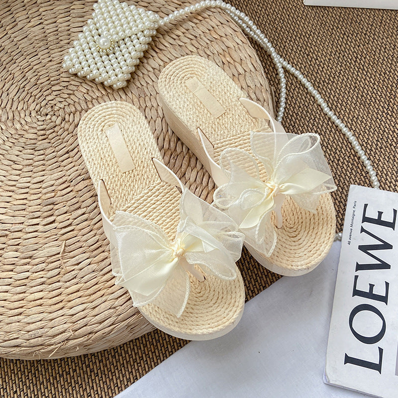 Summer new fashion bowknot platform flip-flops women's mid-heel non-slip sandals beach vacation travel shoes