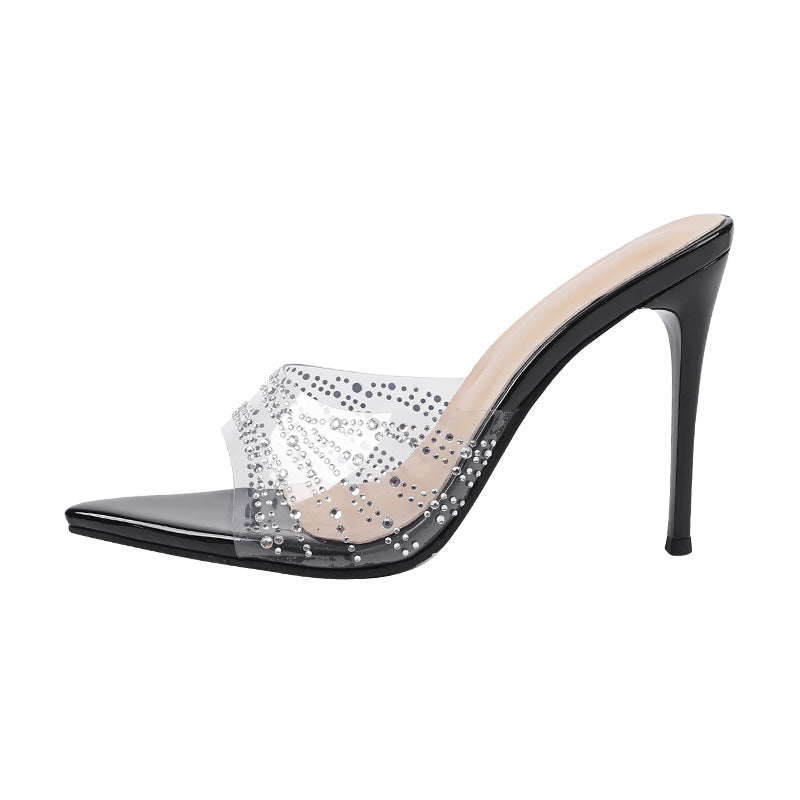 Pointed-toe stiletto sandals with rhinestone embellishments, transparent design, women's summer 2026 new arrivals, high-heeled outerwear, fashionable and versatile, trending online style