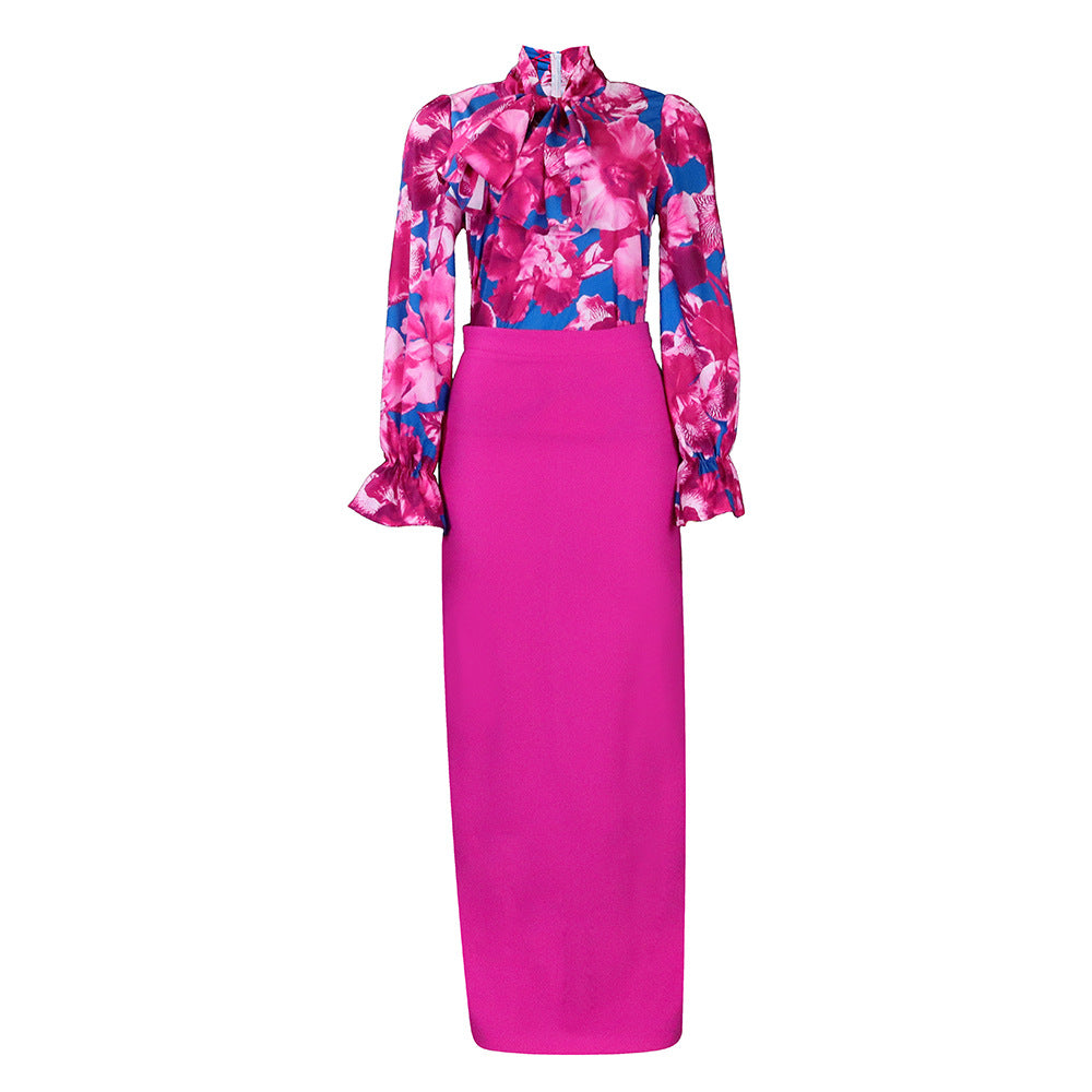 D323 european and american clothing  new fashion printed tie-up long sleeve shirt and midi skirt two-piece set - cross-border