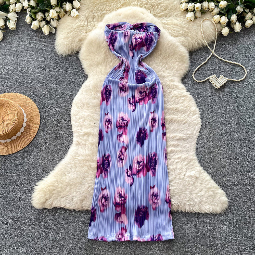 French riviera style purple floral print bandeau dress - women's summer sleeveless high-waisted a-line dress - sexy & chic outfit
