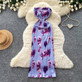 French riviera style purple floral print bandeau dress - women's summer sleeveless high-waisted a-line dress - sexy & chic outfit