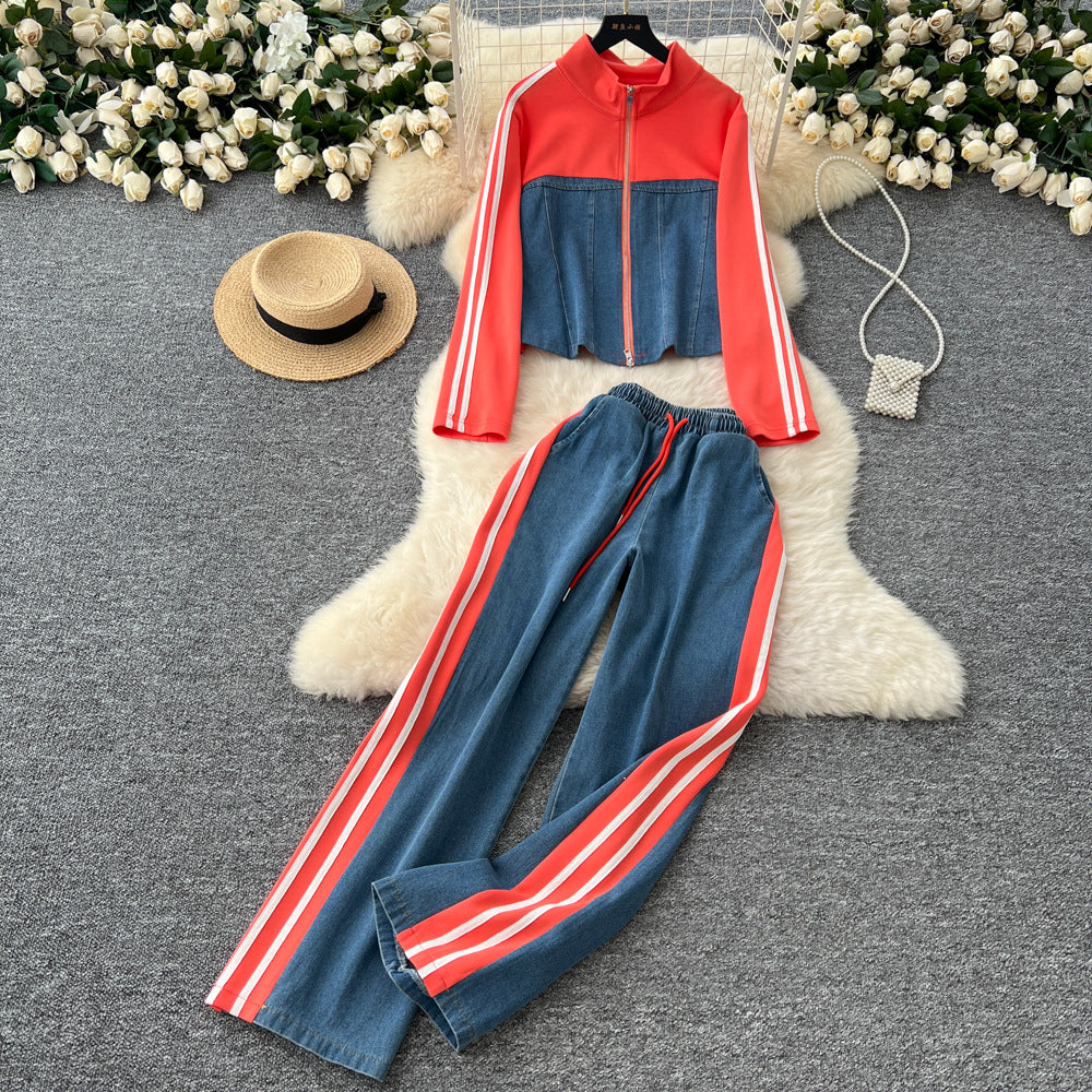 Women's autumn casual outfit: vintage stand collar denim patchwork long sleeve top t-shirt + wide leg straight pants two-piece set