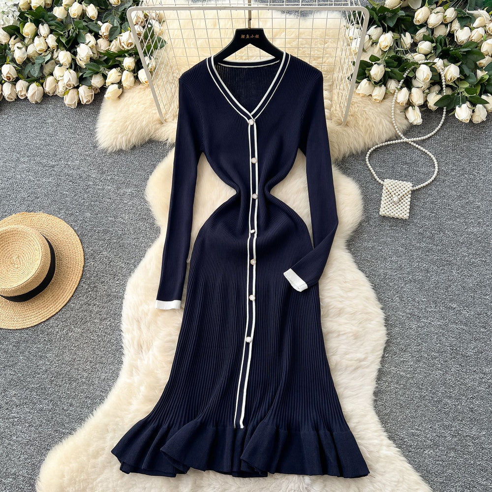 Classysense niche style celebrity contrast colorv necklong sleeves single breasted waist knittingdress women's inner fishtail long skirt