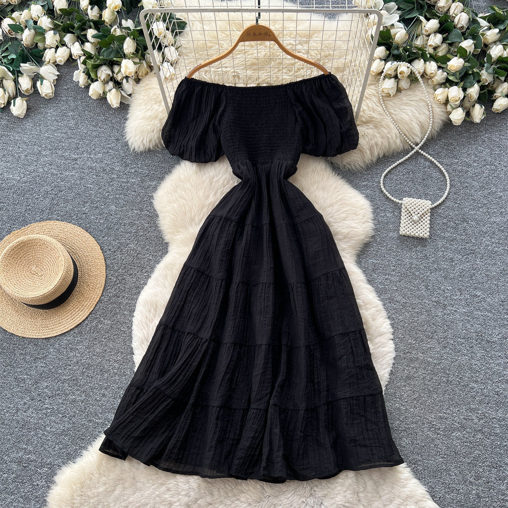 French chic off-the-shoulder bubble sleeve a-line dress - women's summer slimming, figure-flattering, elegant vacation maxi dress