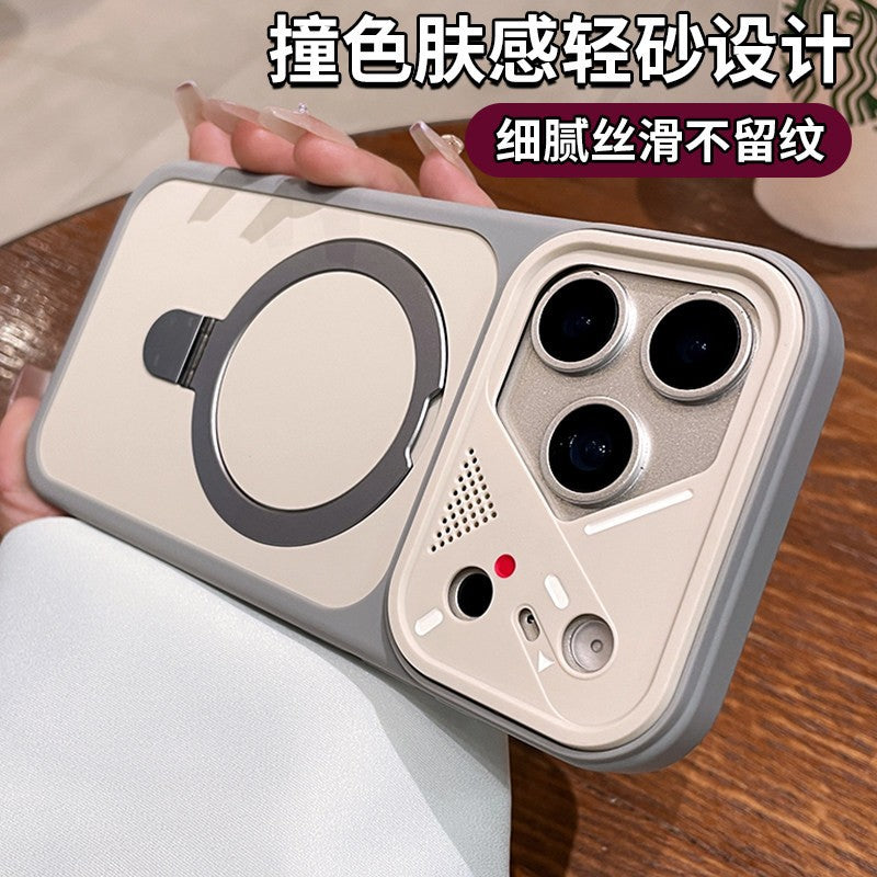 apple 17 pro max phone case, mecha style, irregular large window, iphone 15 magnetic stand