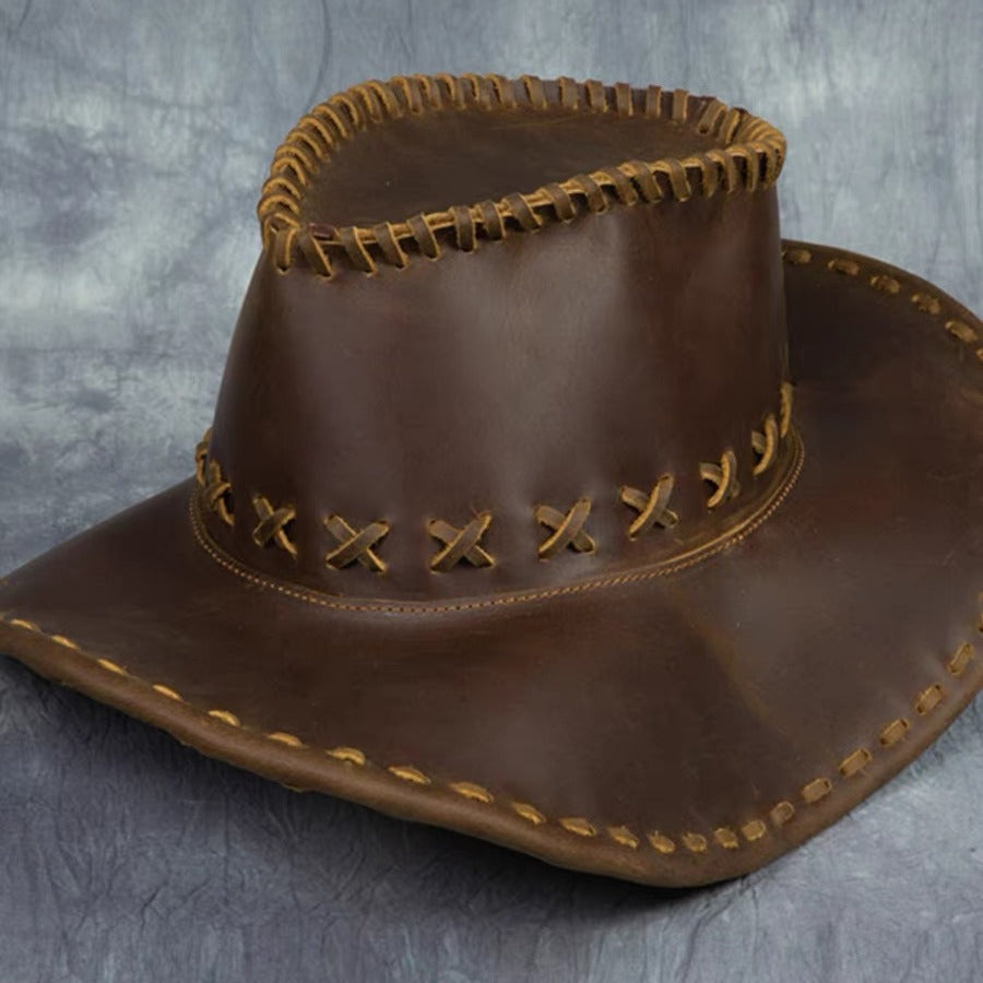 Handmade pure cowhide western cowboy hat crazy horse leather outdoor harley casual hat genuine leather men sunshade knight hat