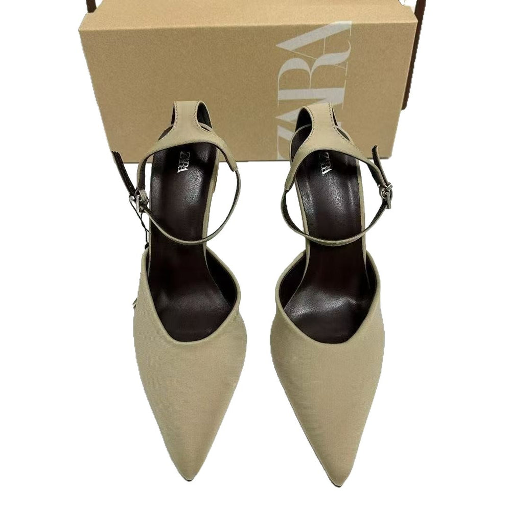 Za25 baotou sandals women's pointed toe shoes springnew arrival women's shoes thin heels black high heels elegant muleflats