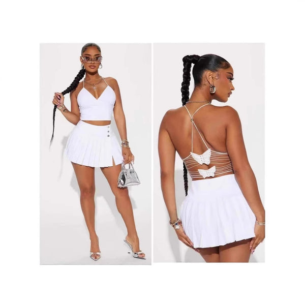 European and American women's clothing   hot sale new suspender halter vest sexy split pleated skirt short skirt set