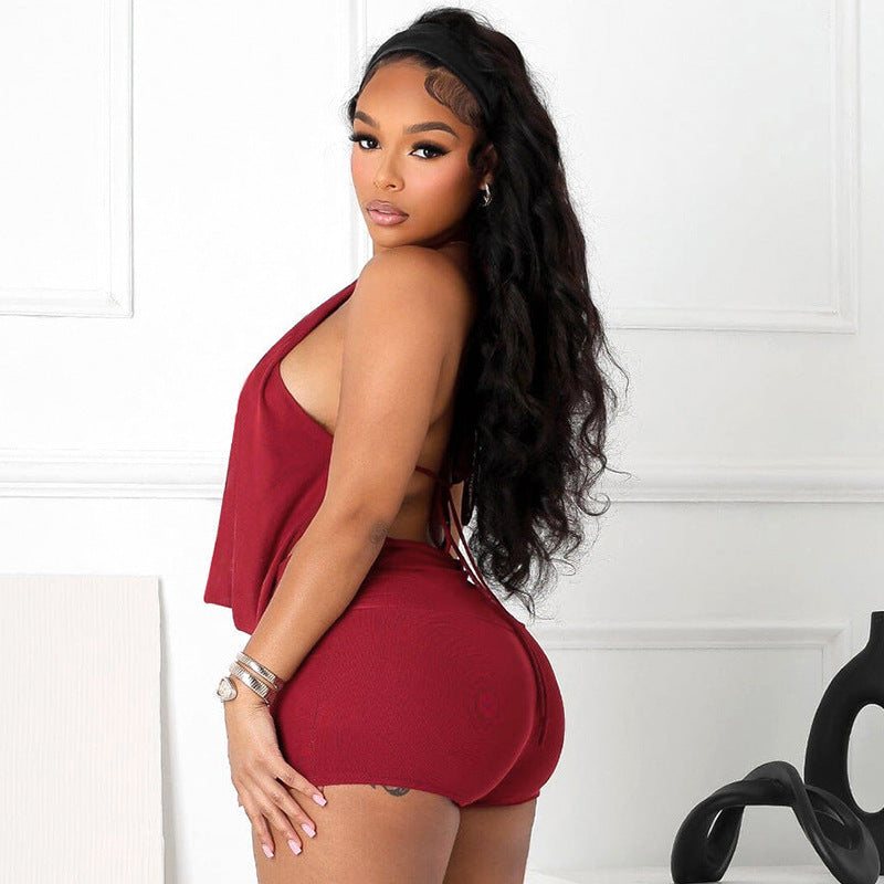 fashion  summer new sexy swing neck halter neck tie backless tops shorts two-piece suit for women