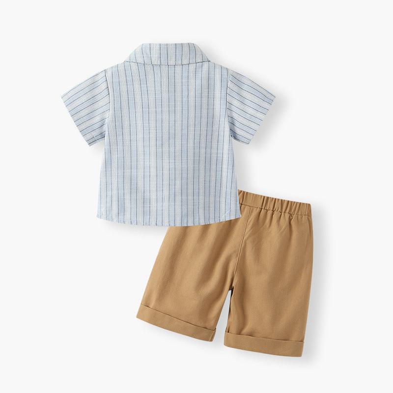 Boys' summer new arrivals: striped short-sleeve shirt and overalls set - baby's first birthday outfit, two-piece set