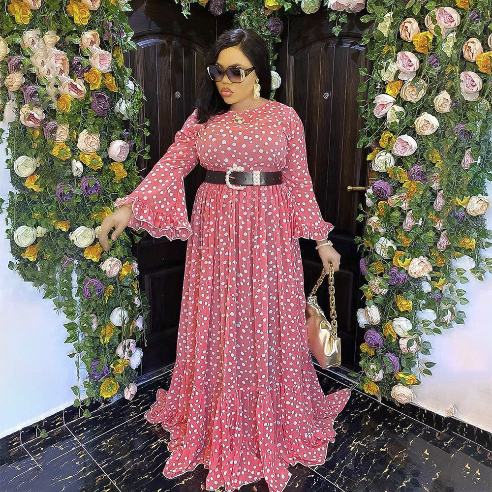 Lolita style fresh & sweet two-piece set: polka dot flare sleeve dress with belt - plus size african-inspired women's clothing