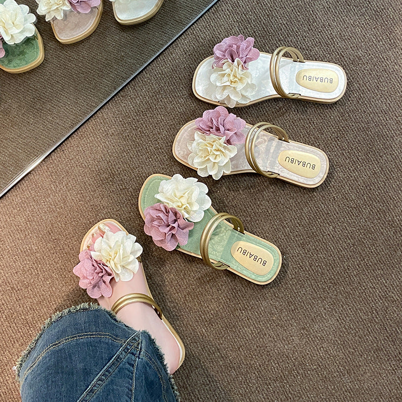 New summer fairy slippers women's summer outwear fashion two-color flower flats one-line sandals women's two-wear sandals