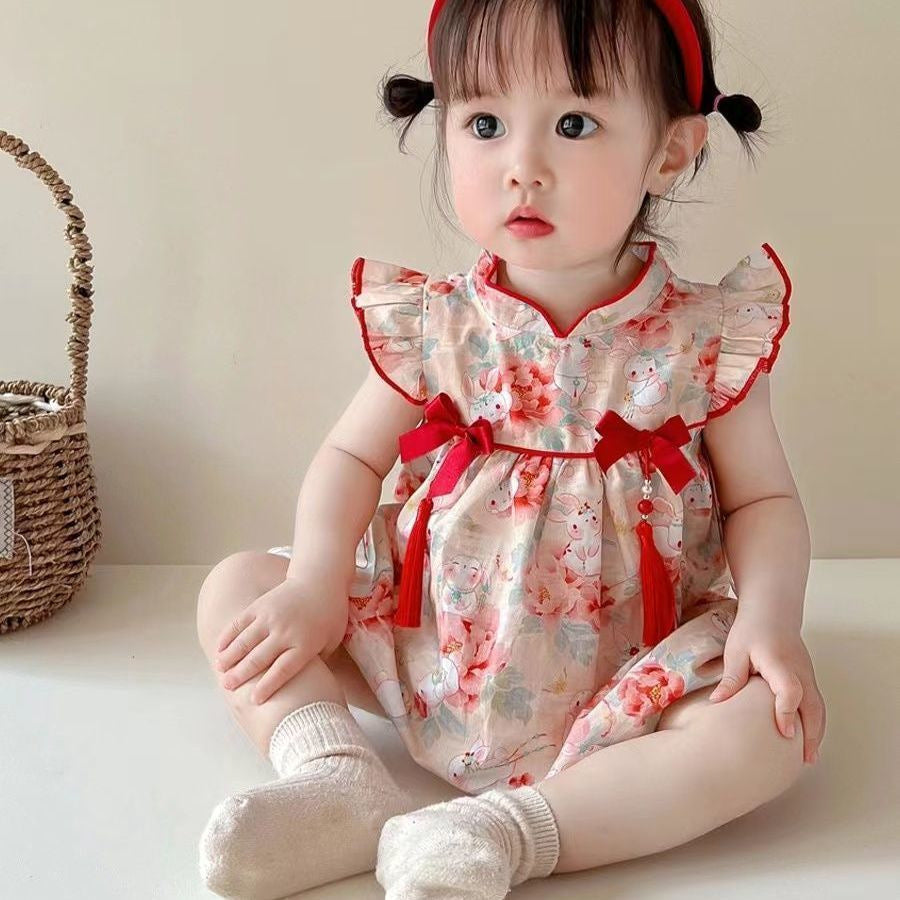 Summer baby chinese style clothes for baby girls with flying sleeves and triangle climbing clothes for girls to go out and cover their buttocks, sister outfits