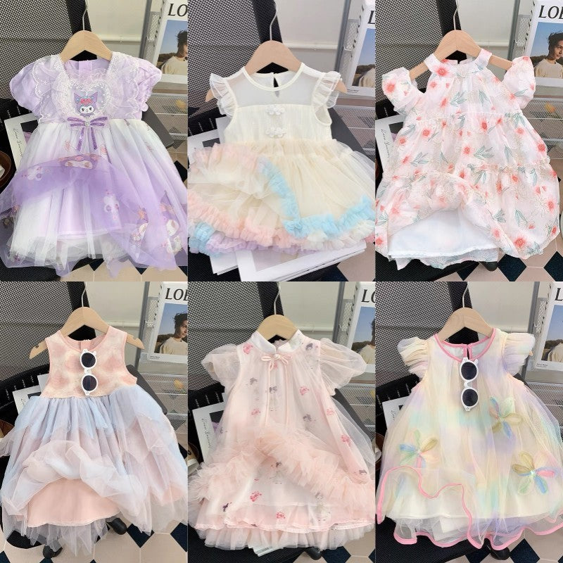 summer girls' dress: new trendy and chic mesh dress for kids, baby girl's puff sleeve princess dress