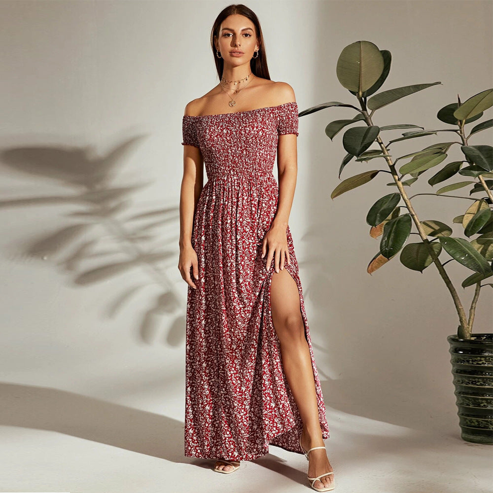 Elegant wind one-word neck dress elastic waist pullover floral long swinging tube top skirt women's fashion temperament