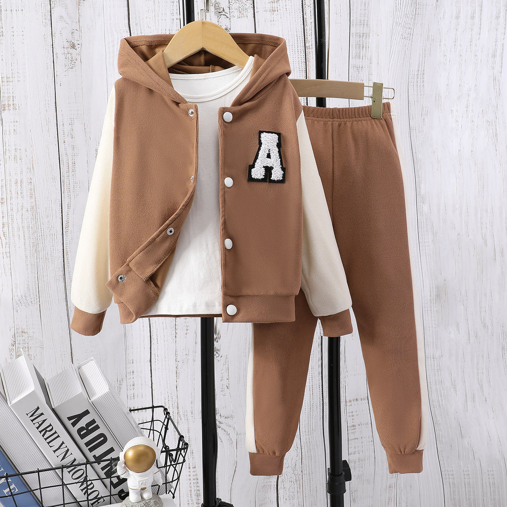Children's long-sleeved hooded contrasting color a-line suit
