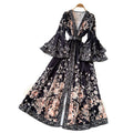 Vintage print v-neck slim-fit dress - women's summer long sleeve tie-waist korean style a-line dress - elegant and chic maxi dress
