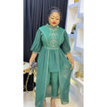 new autumn/winter rhinestone & beaded african  women's plus size irregular maxi dress + pants two-piece set